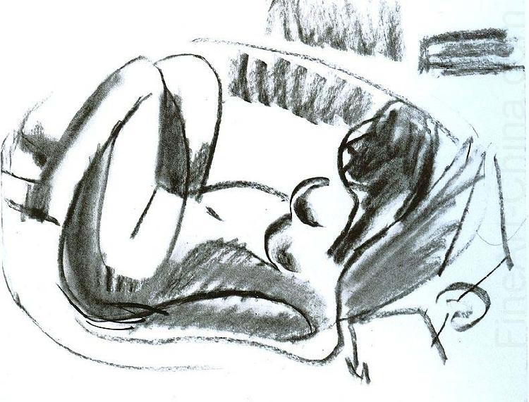 Reclining nude in a bathtub with pulled on legs - black chalk, Ernst Ludwig Kirchner